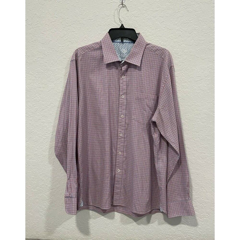 Bugatchi Uomo Button Up Shirt Mens XL Red Plaid Long Sleeve Flip Cuff Shaped Fit
